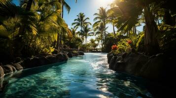 ai generato un' piscina nel un' tropicale Posizione, completare con palma alberi, chiaro acqua, e luce del sole foto