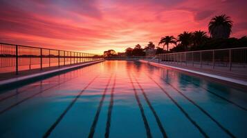 ai generato un' bellissimo tiro di un' piscina a tramonto, con caldo arance e rosa riflettendo via il acqua foto