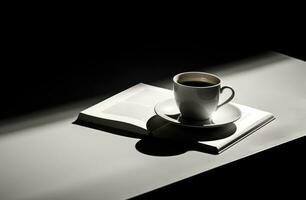 ai generato un' tazza di caffè si siede Il prossimo per un' libro pieno di pagine foto