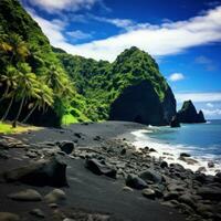 ai generato vetrine il unico bellezza di un' vulcanico isola, con suo lussureggiante verde, nero sabbia spiagge foto