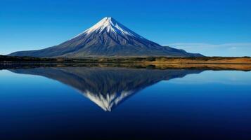 ai generato cattura il sereno bellezza di un' vulcanico montagna riflessa nel un' calma, cristallino lago foto