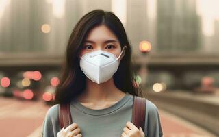 ai generato un' donna indossare un' protettivo maschera tosse nel un' capitale pieno con PM2.5 smog e pesante metalli nel il aria foto