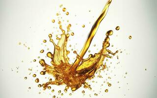 ai generato verdura olio galleggiante nel il aria d'oro acqua spruzzi acqua gocce su bianca sfondo. d'oro olio. foto