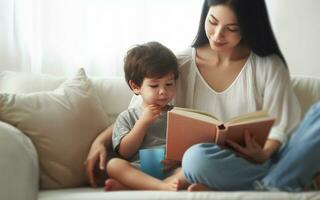 ai generato madre e figlia leggere un' libro su il divano madre racconta un' storia per sua bambino insegnamento bambini per leggere famiglia calore foto