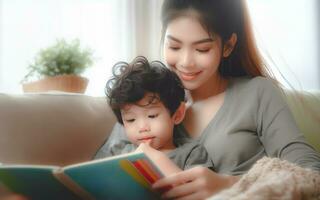 ai generato madre e figlia leggere un' libro su il divano madre racconta un' storia per sua bambino insegnamento bambini per leggere famiglia calore foto