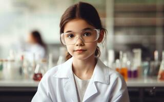 ai generato bambini vestito nel ricercatore uniformi scienziato sfocato laboratorio sfondo sognare idee per futuro carriere sognare carriere foto