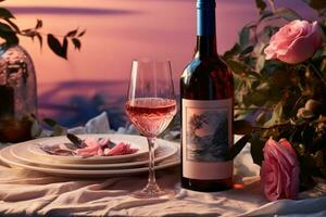 ai generato un' bottiglia di rosa vino si siede su un' di legno tavolo foto