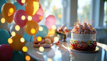 ai generato un' compleanno torta seduta su un' tavolo con palloncini foto