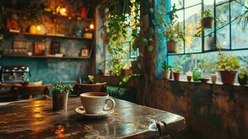 ai generato un estetico studio caffè negozio interno con un' caffè tazza e pianta foto