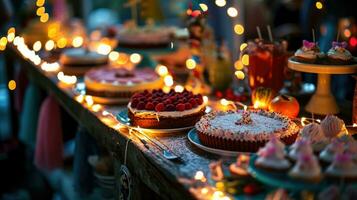 ai generato compleanno torte tavolo nel festa con luci illuminato su foto