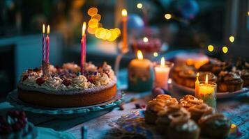 ai generato compleanno torte tavolo nel festa con luci illuminato su foto