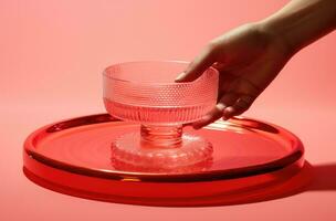 ai generato un' donna è collocazione un' rosso bicchiere nel un' rosso piatto su un' rosa sfondo foto