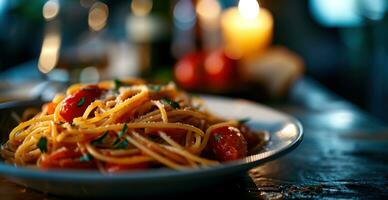 ai generato bene pasta su un' nero tavolo foto