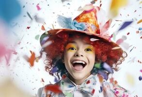 ai generato poco clown con coriandoli cappello su bianca sfondo foto