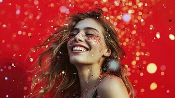 ai generato attraente giovane donna sorridente con coriandoli nel sua capelli contro rosso sfondo foto