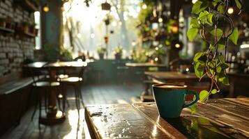 ai generato un estetico studio caffè negozio interno con un' caffè tazza e pianta foto