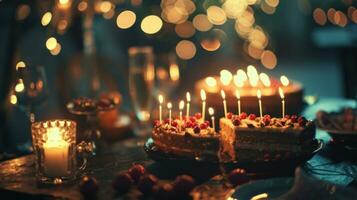 ai generato festa con festeggiare compleanno torta e luci foto