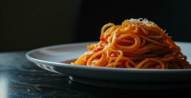 ai generato spaghetti su un' piatto su nero sfondo foto