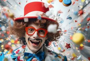 ai generato poco clown con coriandoli cappello su bianca sfondo foto