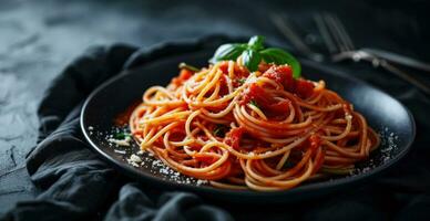 ai generato spaghetti su un' piatto su nero sfondo foto