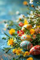 ai generato Pasqua sfondo con vivace colori, decorato uova foto