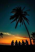 ai generato tramonto gruppo di persone di un' palma albero foto