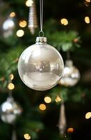 ai generato argento Natale ornamenti su Natale albero, bokeh, naturalistico illuminazione, anglocore, verde e beige foto