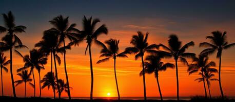 ai generato palma alberi nel silhouette contro un' tropicale tramonto foto