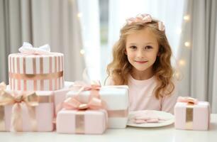 ai generato capretto compleanno festa con regali per bambini e uno compleanno torta per il mamma, foto