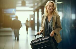 ai generato un' donna Tenere sua bagaglio nel un aeroporto corridoio foto