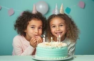 ai generato ragazze festeggiare compleanno su tavolo con torta e candele per bambini foto