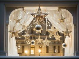ai generato illuminato Natale decorazioni su un' storefront con stella impiccato a il superiore foto