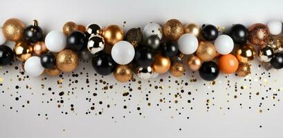 ai generato Natale nero oro luccichio oro metallico decorazioni. foto
