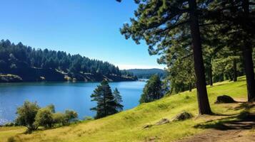 ai generato torreggiante alberi, rotolamento colline, scintillante lago. foto