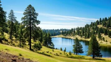 ai generato torreggiante alberi, rotolamento colline, scintillante lago. foto