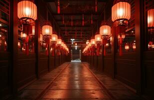 ai generato un' bellissimo corridoio con rosso e leggero rosso lanterne foto