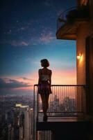 ai generato notturno fantasticheria, silhouette di un' ragazza ammirazione il notte paesaggio urbano generativo di ai foto