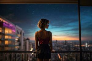 ai generato notturno fantasticheria, silhouette di un' ragazza ammirazione il notte paesaggio urbano generativo di ai foto