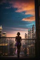 ai generato notturno fantasticheria, silhouette di un' ragazza ammirazione il notte paesaggio urbano generativo di ai foto