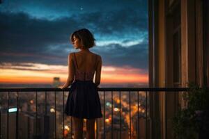 ai generato notturno fantasticheria, silhouette di un' ragazza ammirazione il notte paesaggio urbano generativo di ai foto