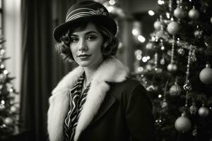ai generato retrò festa 1920 moda in mezzo un' Natale albero generativo di ai foto