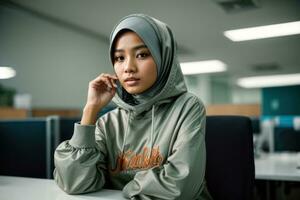 ai generato professionale giovane donna nel hijab in posa con fiducia a il ufficio generativo di ai foto