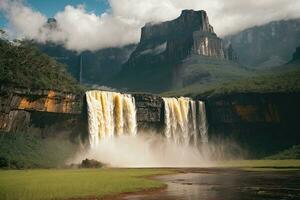 ai generato maestoso cascate a cascata circondato di lussureggiante scogliere e verdura generativo di ai foto