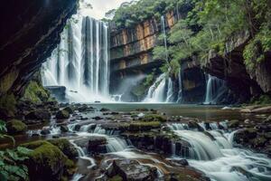 ai generato maestoso cascate a cascata circondato di lussureggiante scogliere e verdura generativo di ai foto