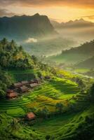 ai generato maestoso Alba al di sopra di terrazzato riso i campi annidato tra lussureggiante verde colline generato di ai foto