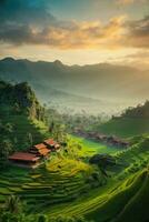 ai generato maestoso Alba al di sopra di terrazzato riso i campi annidato tra lussureggiante verde colline generato di ai foto