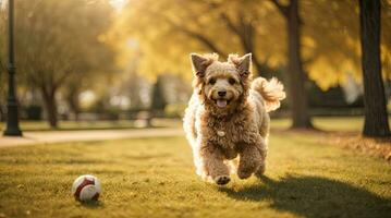 ai generato gioioso cane in esecuzione in direzione il telecamera nel un' soleggiato parco con un' palla dire bugie generativo di ai foto