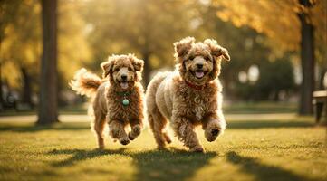 ai generato gioioso cane in esecuzione in direzione il telecamera nel un' soleggiato parco con un' palla dire bugie generativo di ai foto