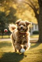 ai generato gioioso cane in esecuzione in direzione il telecamera nel un' soleggiato parco con un' palla dire bugie generativo di ai foto