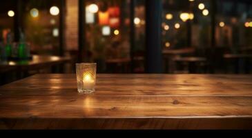 ai generato un vuoto di legno bar tavolo nel città a notte foto